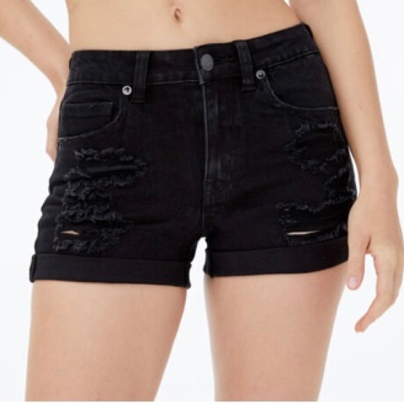 Aeropostale High Rise Midi Black Jean Shorts Distressed Cuffed Hem Size … - Picture 1 of 6